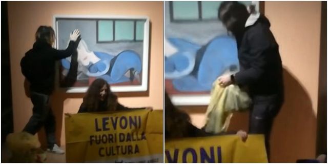 Mantova, attivisti imbrattano il quadro di Picasso con del letame