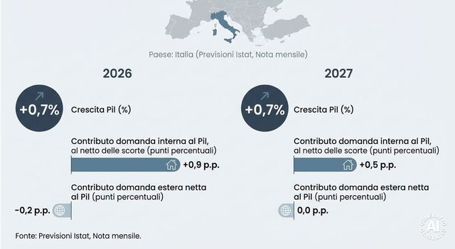 Istat, nel 2026 e nel 2027 Pil in crescita a +0,7%