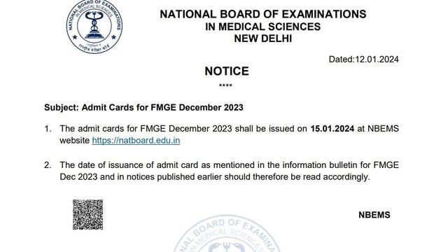 FMGE December 2023 admit cards releasing on January 15