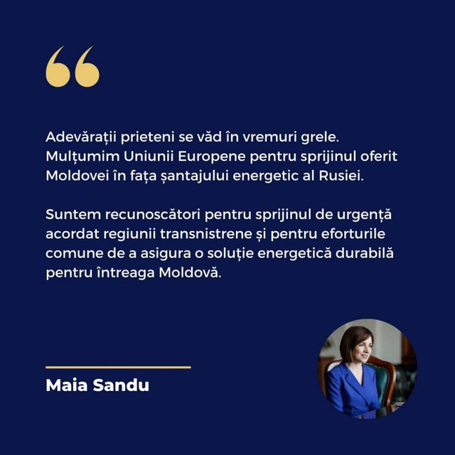 Maia Sandu: Mulțumim UE pentru sprijinul oferit Moldovei în fața șantajului energetic al Rusiei