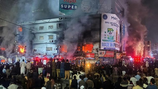 Three killed as massive fire engulfs dozens of shops at shopping mall in southern Pakistan
