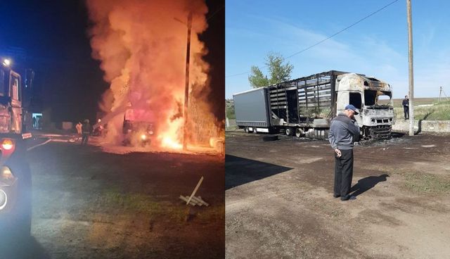 Incendiu puternic la Vulcănești. Două camioane au fost mistuite de foc