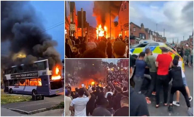 Revoltă uriașă în Leeds. Scandalagiii, printre care și mai mulți români, au răsturnat o mașină a poliției și au incendiat un autobuz