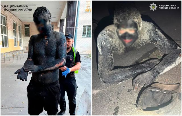 Polițiștii au curățat 5 ore un hoț care s-a uns cu smoală că să jefuiască un magazin, în Kiev