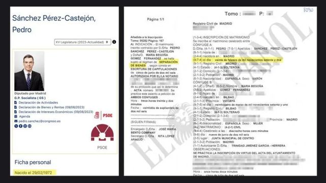 La fecha de nacimiento de Pedro Sánchez en su acta matrimonial no coincide con la de su ficha en el Congreso