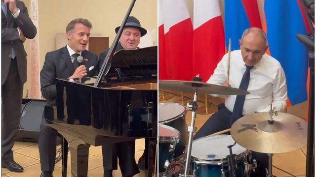 Macron cântă o melodie, în timp ce premierul armean Pașinian cântă la tobe, la cina oficială