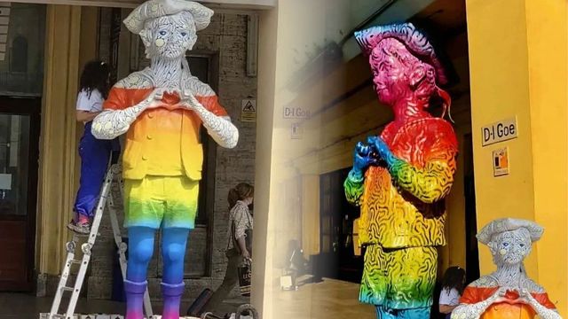 Statuia „Domnul Goe”, pictată în culorile curcubeului, provoacă dispute politice la Ploiești