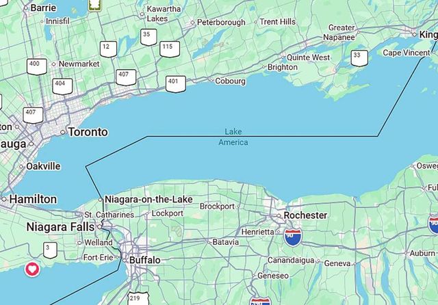 Google cambia nome del Lago Ontario in Lake America, ma solo negli Usa