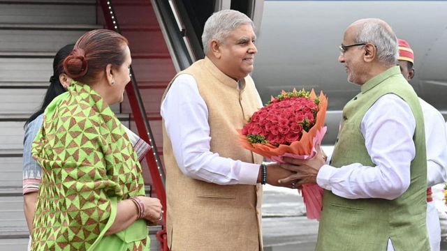 Former vice president Jagdeep Dhankhar greets his successor CP Radhakrishnan