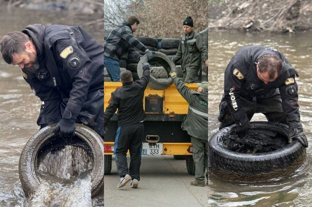 Peste 400 de anvelope uzate, scoase din râul Bâc