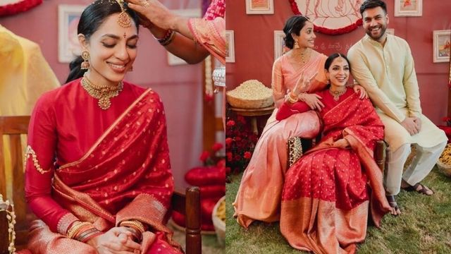 Naga Chaitanya’s wife-to-be Sobhita Dhulipala looks regal in red saree for Pelli Kuthuru ceremony