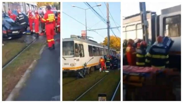 Șofer mort după ce mașina lui a fost prinsă între un stâlp și un tramvai, în București