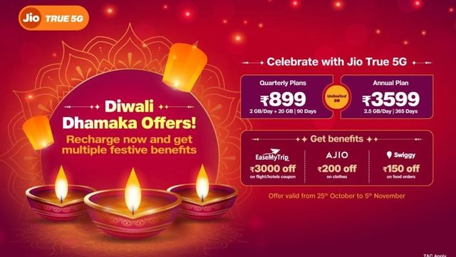 Reliance Jio Diwali offer announced for Rs 899 and Rs 3599 prepaid recharge plans