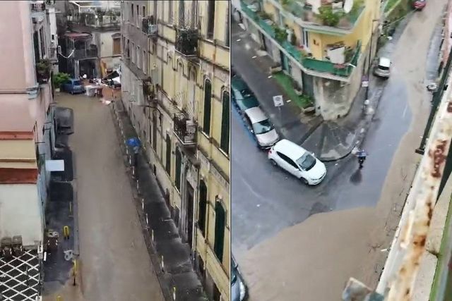 Pioggia a Napoli, fiume di fango in strada del Vomero