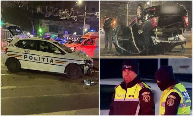 Mașină de poliție în misiune, spulberată într-o intersecție din București. Un Logan a ajuns cu roțile în sus după impact