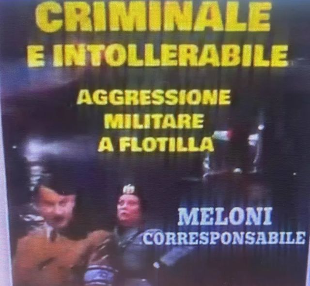 Al corteo di Milano volantino con Meloni vestita da gerarca fascista