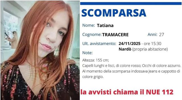 Continua la ricerca di Tatiana Tramacere, scomparsa dal 24 novembre a Nardò